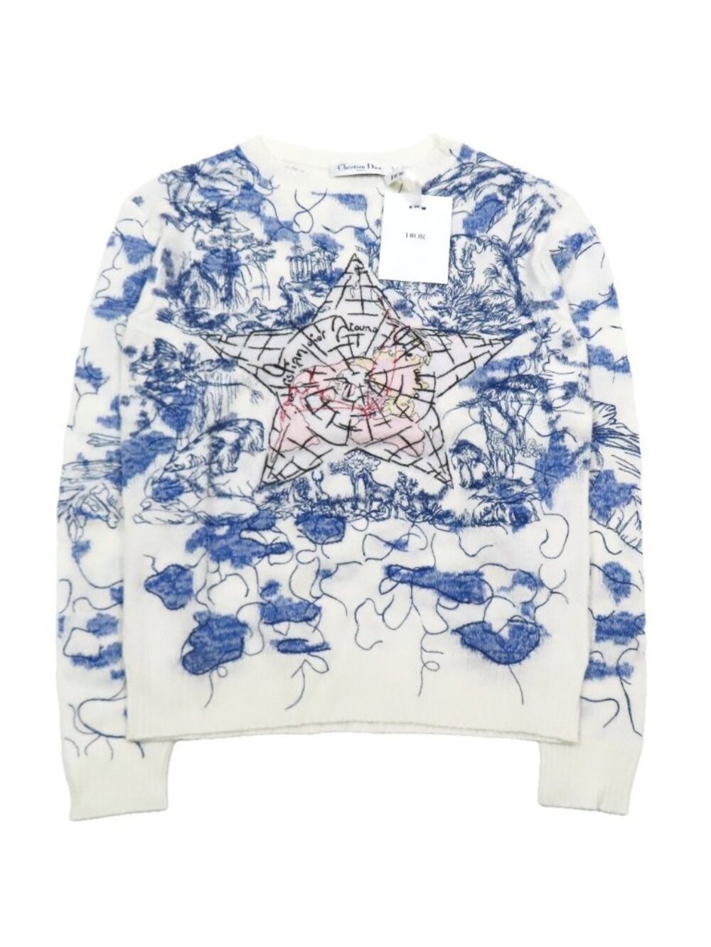 Dior Around the World Cashmere Knit Jacquard Sweater White Navy 38